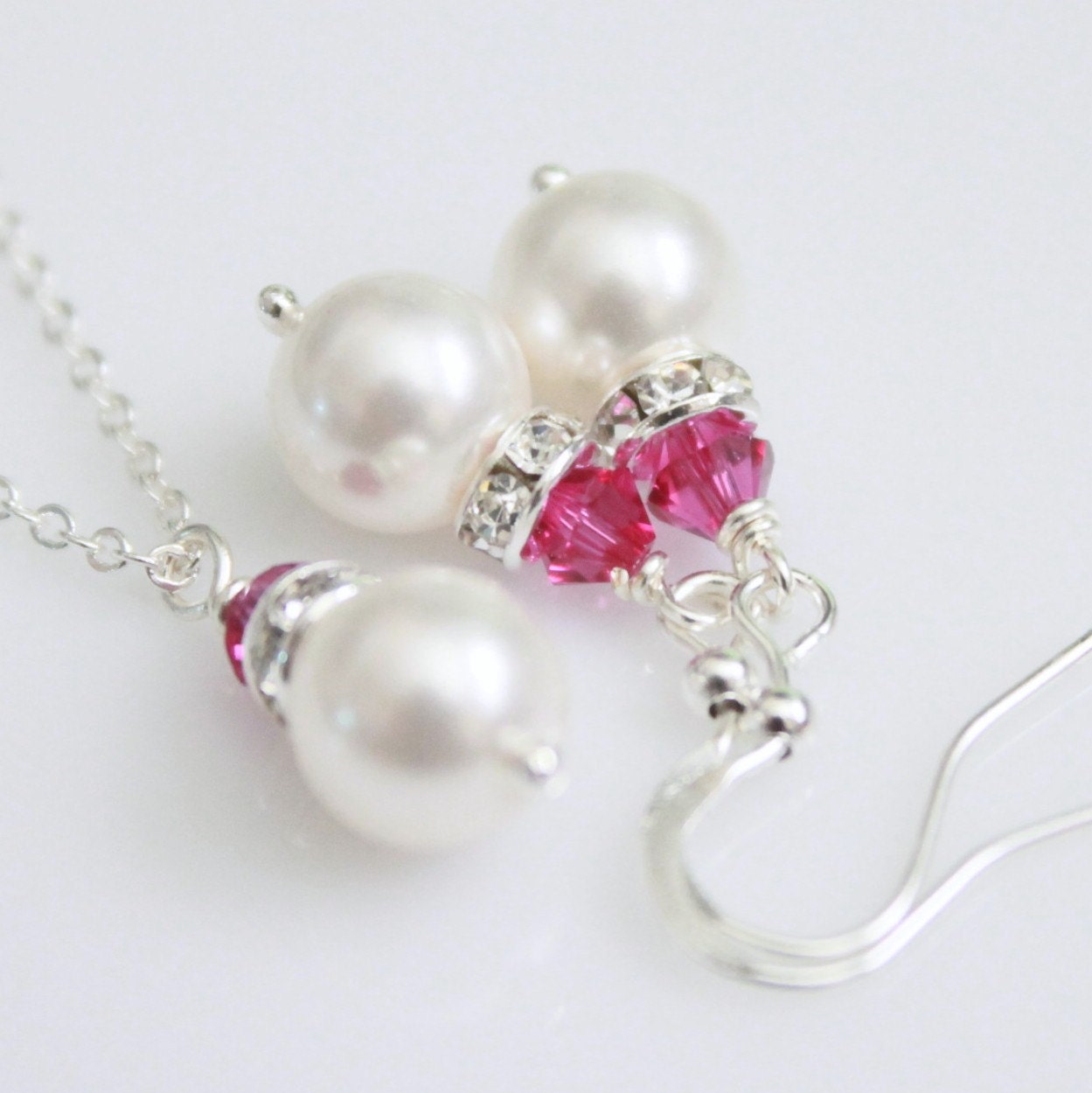 Available in Other Colors, Bridesmaid Gift Set - Swarovski White Pearl and Fuschia Crystal Necklace and Earring Set