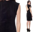 Black SUEDE Dress 80s Leather Mini BACKLESS Party Open Back Keyhole 1980s Vintage Cap Sleeve Sheath Sexy Hipster Minidress Large