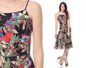 70s Boho Dress Midi BUTTERFLY Print Open Back Jungle Sun 1970s Backless Hippie Vintage Black Keyhole Retro SunDress Extra Small XS S
