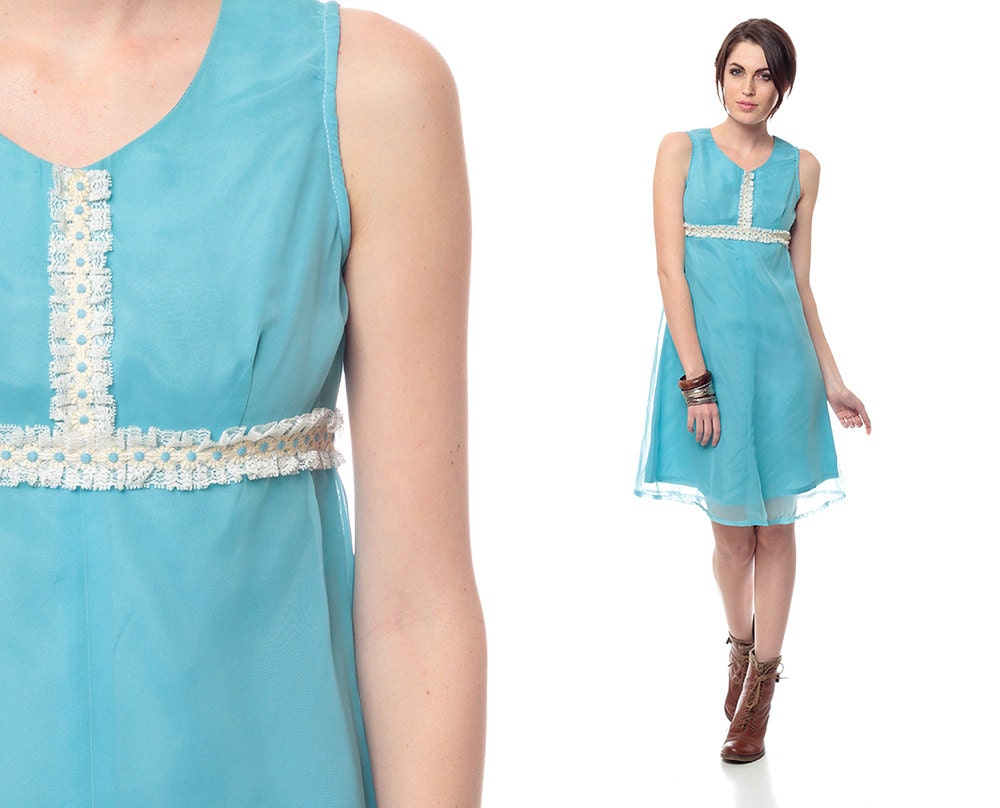 CHIFFON Mini Dress 60s Lace Blue BABYDOLL 1960s Mod Empire Waist Cocktail Party Vintage Sixties retro Go Go MiniDress Extra Small XS