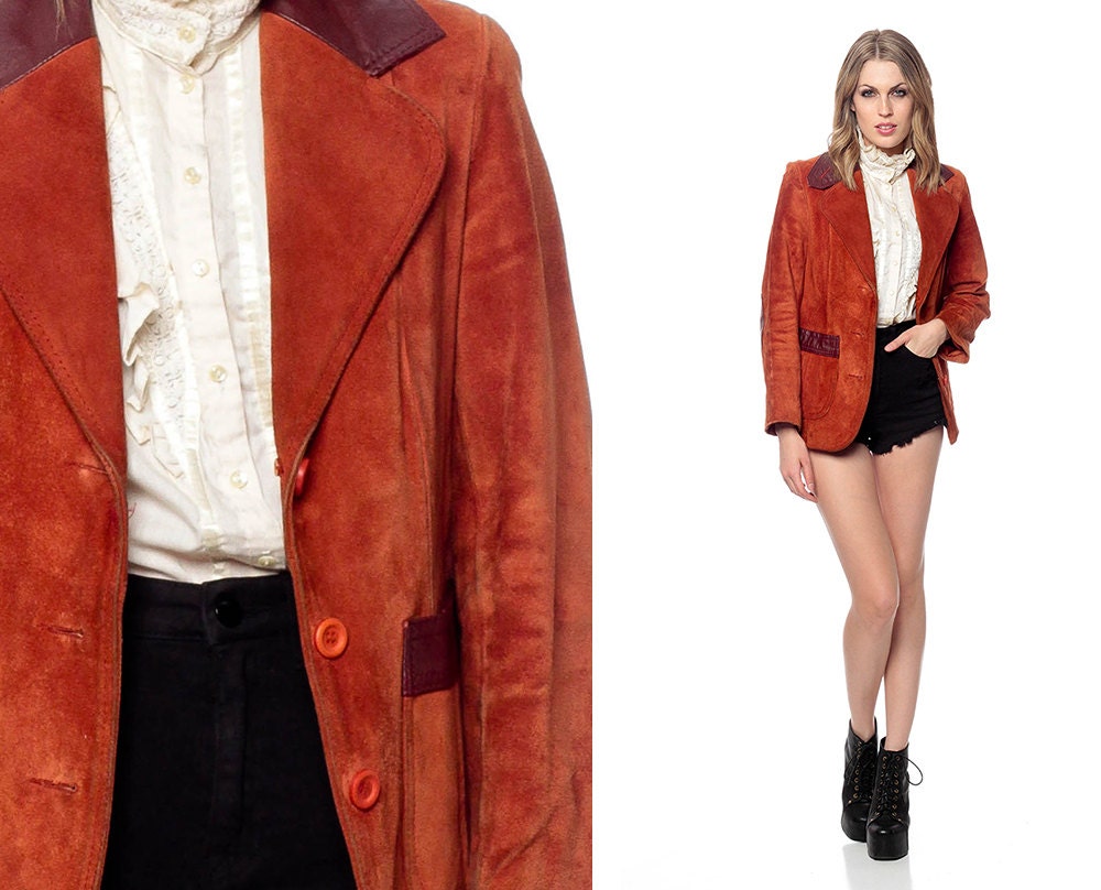 70s Suede Jacket Blazer Vintage Rust Red LEATHER 1970s Hippie Indie Hipster Boho Elbow Patch Women Collared Professor Coat Small