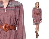 PAISLEY Dress Boho 70s Tunic Mini Ethnic 1970s Hippie Vintage BOHEMIAN Tent Mauve Print Long Sleeve MiniDress Medium Extra Large XL