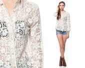 Crochet LACE Blouse 70s SHEER White Top Button Up Boho 1970s Hippie Floral Long Sleeve Bohemian Romantic Collared Shirt Small Medium