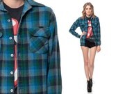 70s Plaid Shirt Cotton FLANNEL Checkered Blue Green Lumberjack 1970s Vintage Button Up Top Pocket Long Sleeve Women Men Extra Small Medium