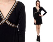 70s Babydoll Dress Mini SILVER GOLD Metallic Striped 60s Mod Black 1970s Empire Waist Deep V Neck Party Stripe Long Sleeve Small Medium