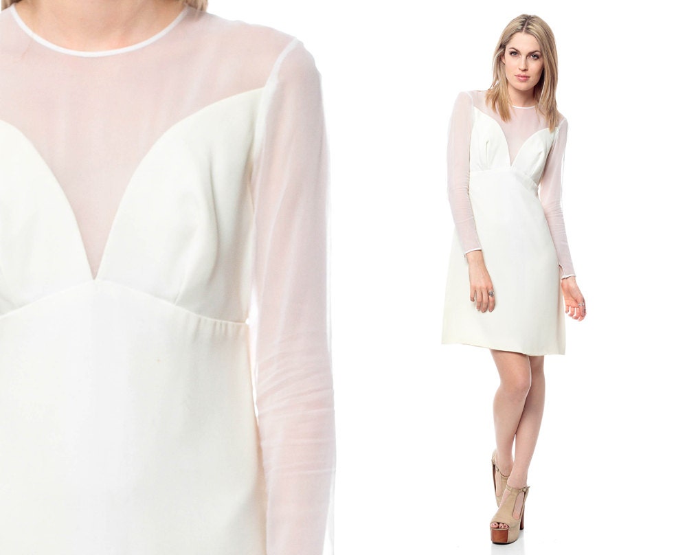 White Chiffon Dress 60s Mini SHEER Sleeves Sweetheart Illusion Neckline Party 1960s Mod Wedding Deep V Vintage Empire Cocktail Medium