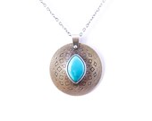 Round silver disc pendant with a unique pattern holding a blue turquoise cabochon - made to order with your selection - "Amaya Necklace"