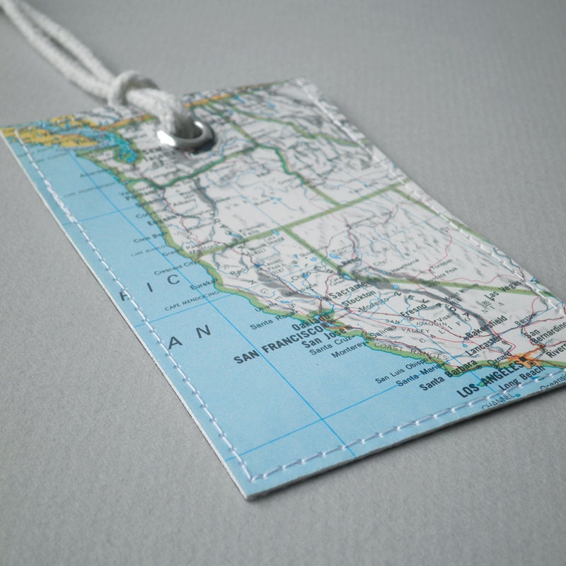 West Coast USA luggage tag made with original map