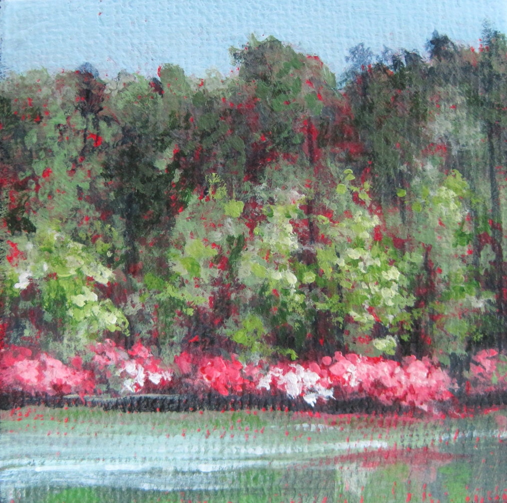 Original mini landscape painting of azaleas at the shoreline