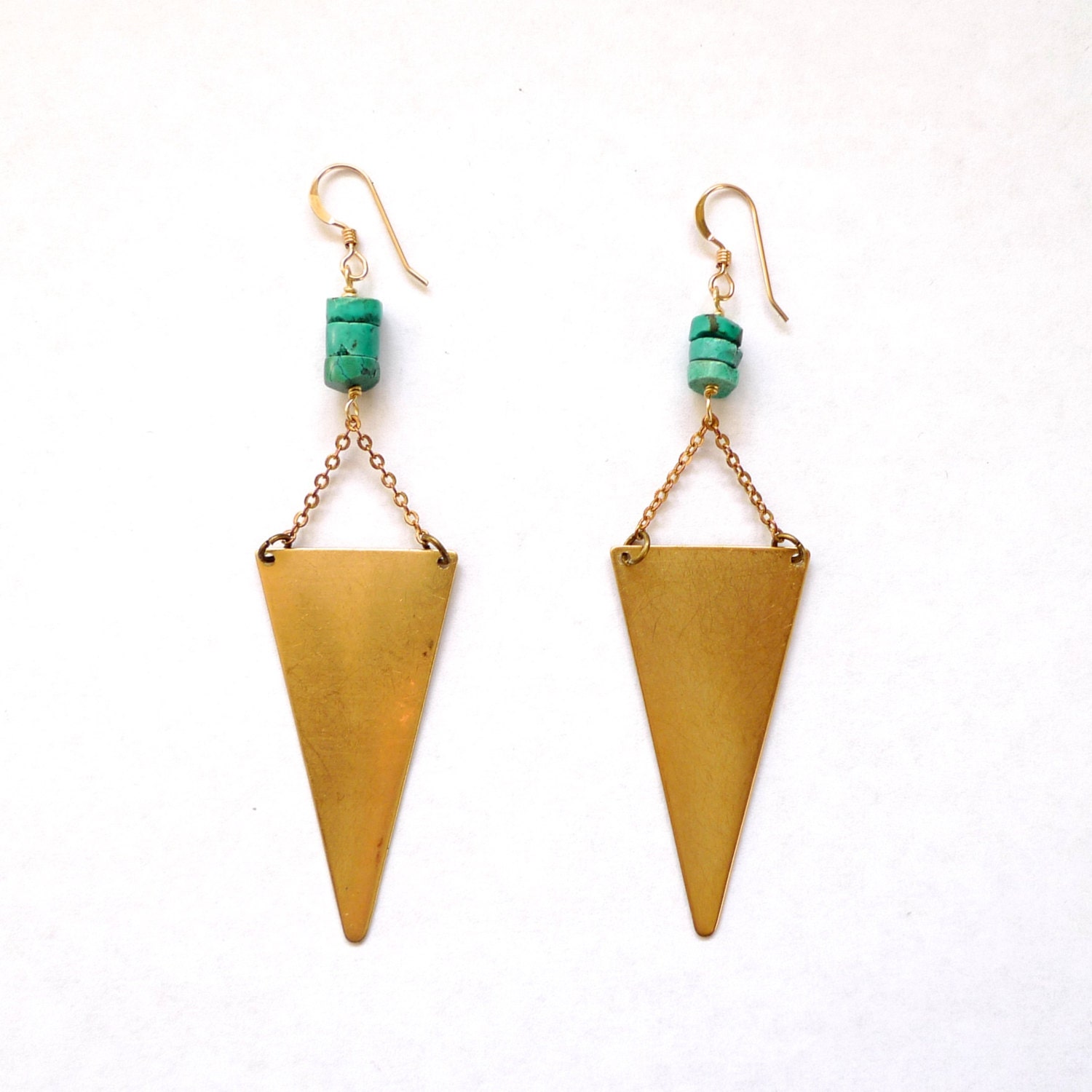 long brass triangle and turquoise earrings
