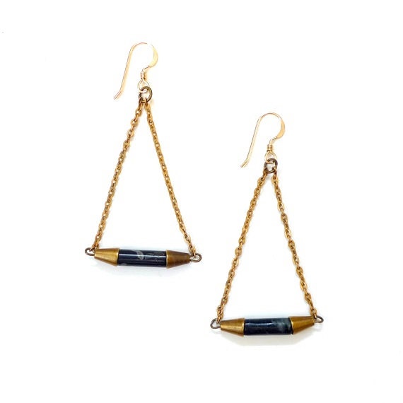 Volcanic jasper and brass tube earrings
