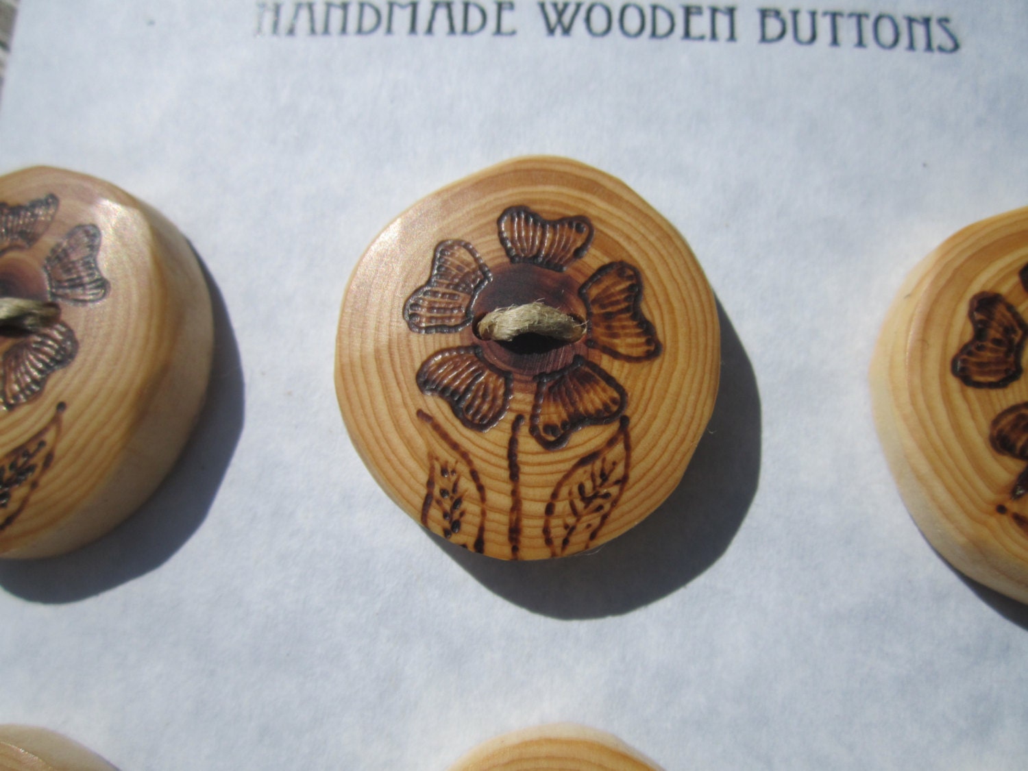 6 Flower Buttons- Western Red Cedar Buttons with Woodburned Flowers