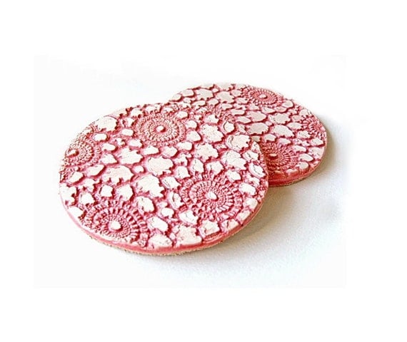 Ceramic Coasters, dusty pink lace imprint home decor housewares, set of two