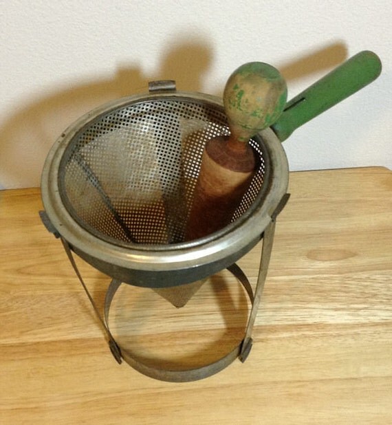 Antique Green Wood Handle Mashing Strainer by DisLilTreasures