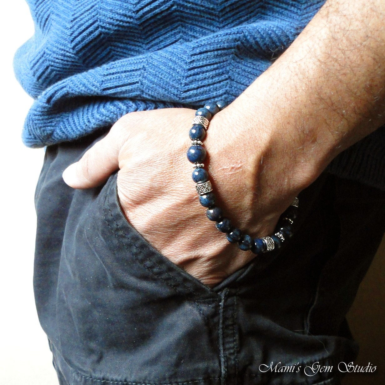 Midnight Blue Gemstone Beaded Bracelet for Men, Dumortierite Dark Denim Color Mens Jewelry