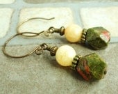 Unakite & Aragonite Earrings in Antique Brass, Natural Stone Earrings in Moss Green and Honey yellow, Handmade