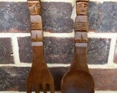 Wooden Spoon & Fork Wall Hanging Tiki Carved