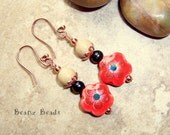 Boho Red Porcelain Flower Dangle Earrings with Wood, Grain Stone, and Copper
