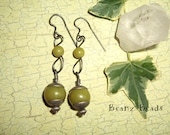 Olive Bliss. Serpentine Stone and Brushed Steel Infinity Drop Artisan Dangle Earrings