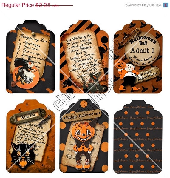 Vintage Halloween Digital Download Tags Scrapbook Collage Sheet Retro Style Gift Tags