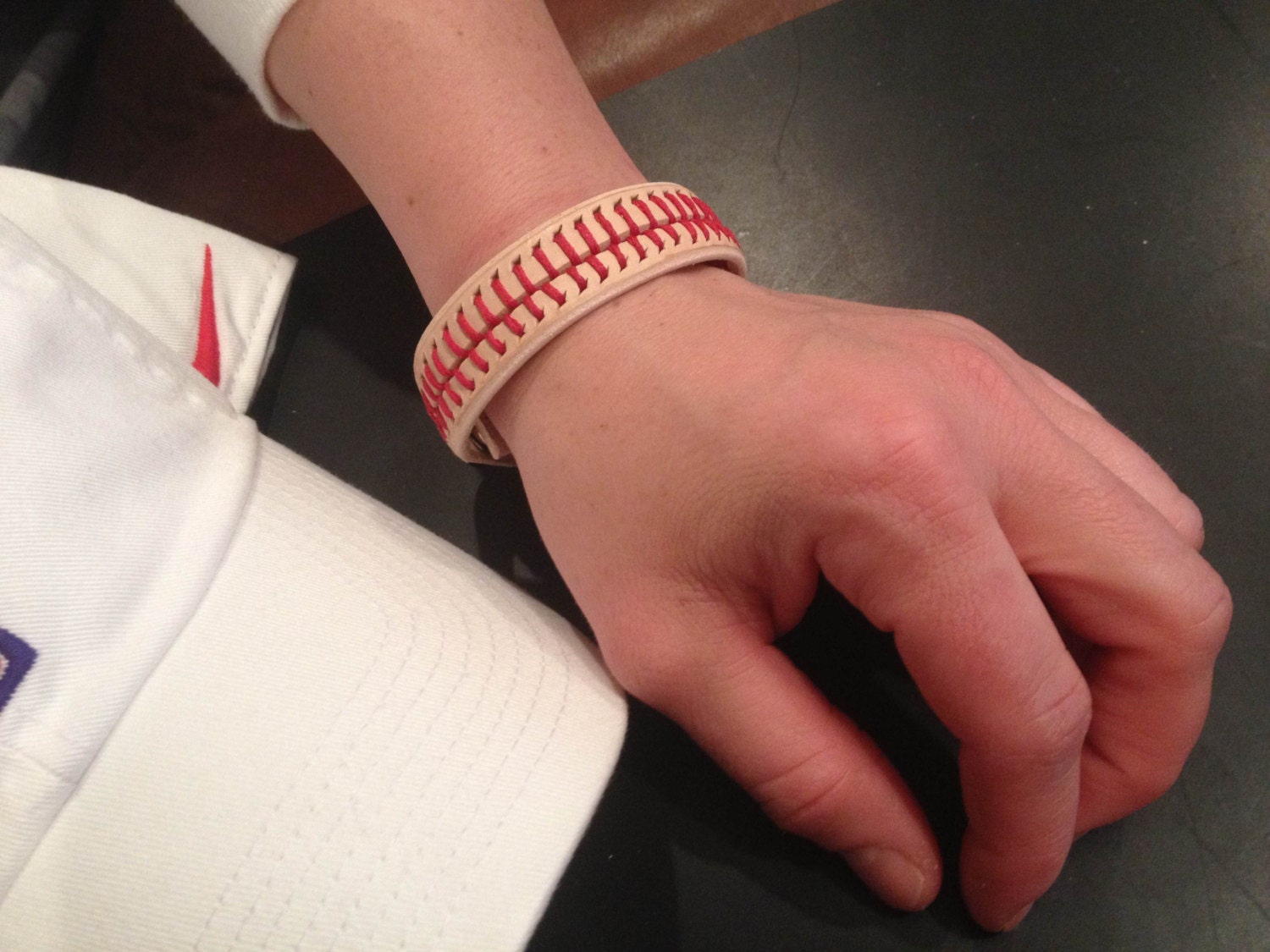 Handmade Leather Baseball Stitched Bracelet with Snap