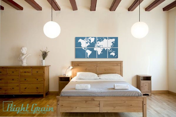 Huge World Map Screen Print - Acrylic Paint on 8 Panels - Unique Gift Idea