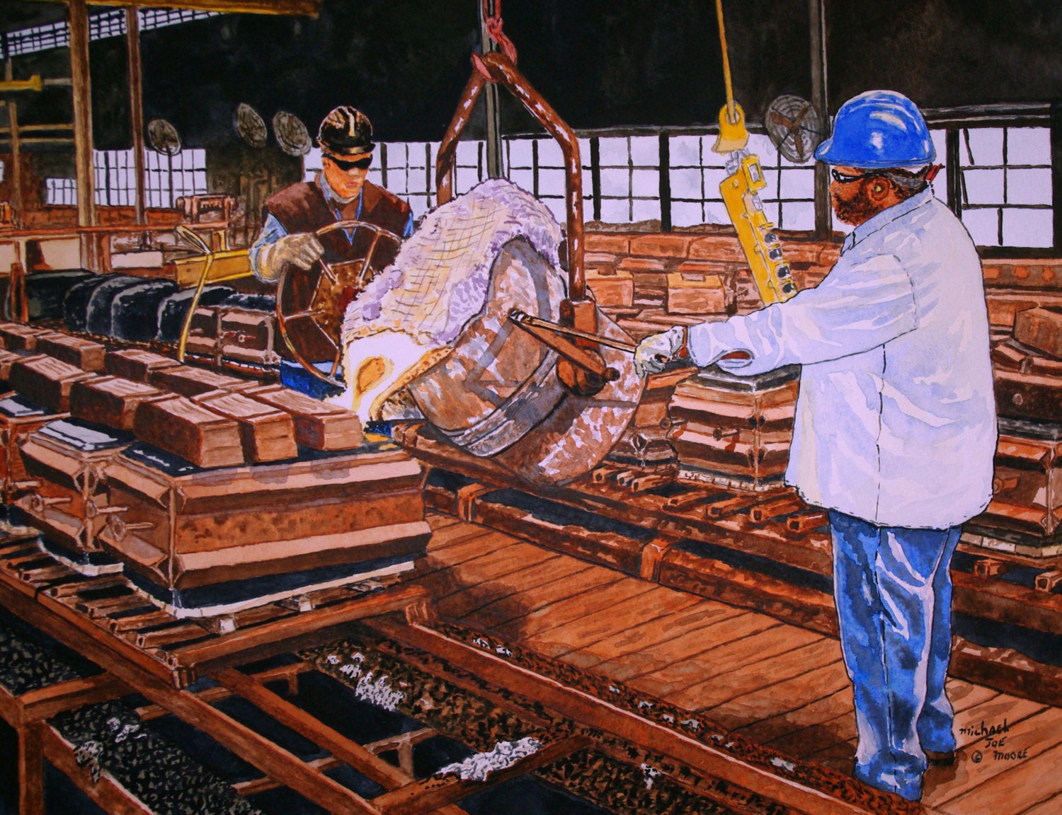 Greensand Foundry Original Watercolor of Two Foundry Workers Pouring Greensand Molds