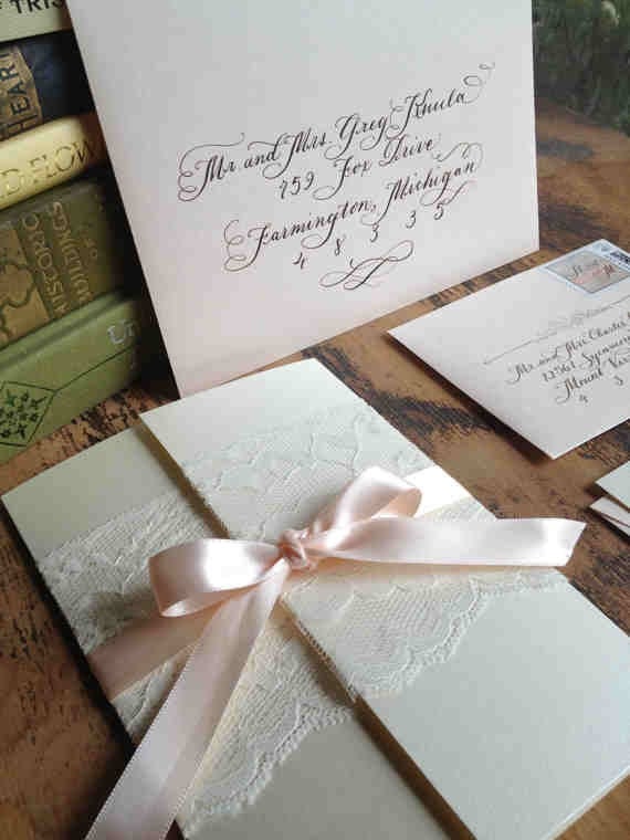 Calligraphy Wedding Invitation Gatefold with vintage lace and ribbon by Designs by Robyn Love, Love No.3 "Pemberly"