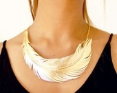 Leather Feather Necklace, Metallic Gold Feather Jewelry -Statement Necklace