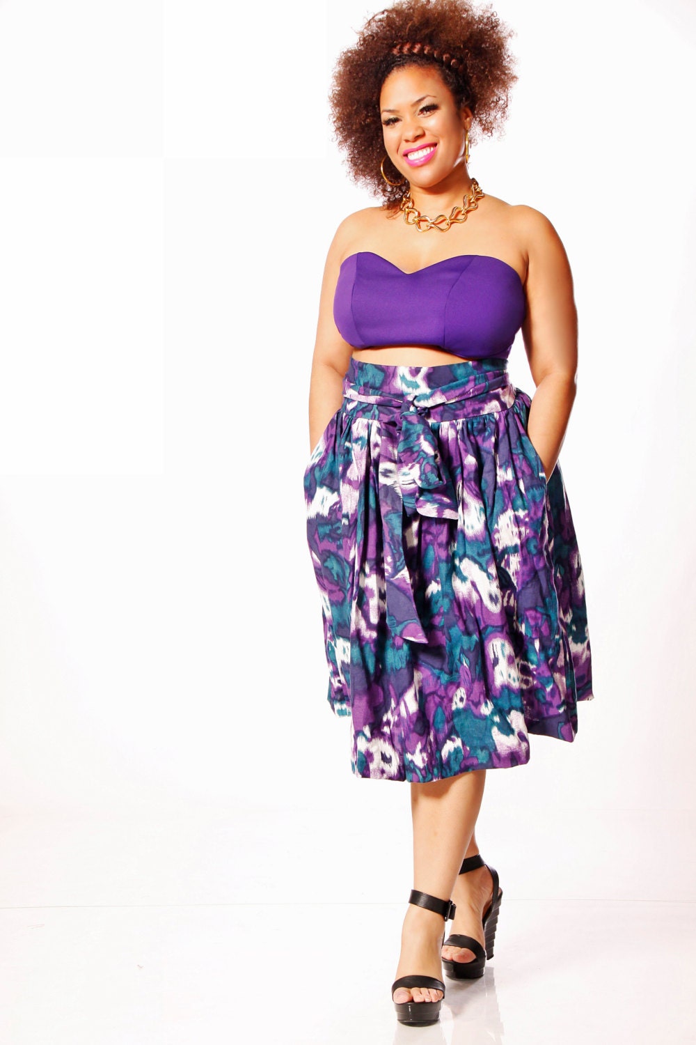 JIBRI Plus Size High Waist Flare Skirt (attached wrap belt)
