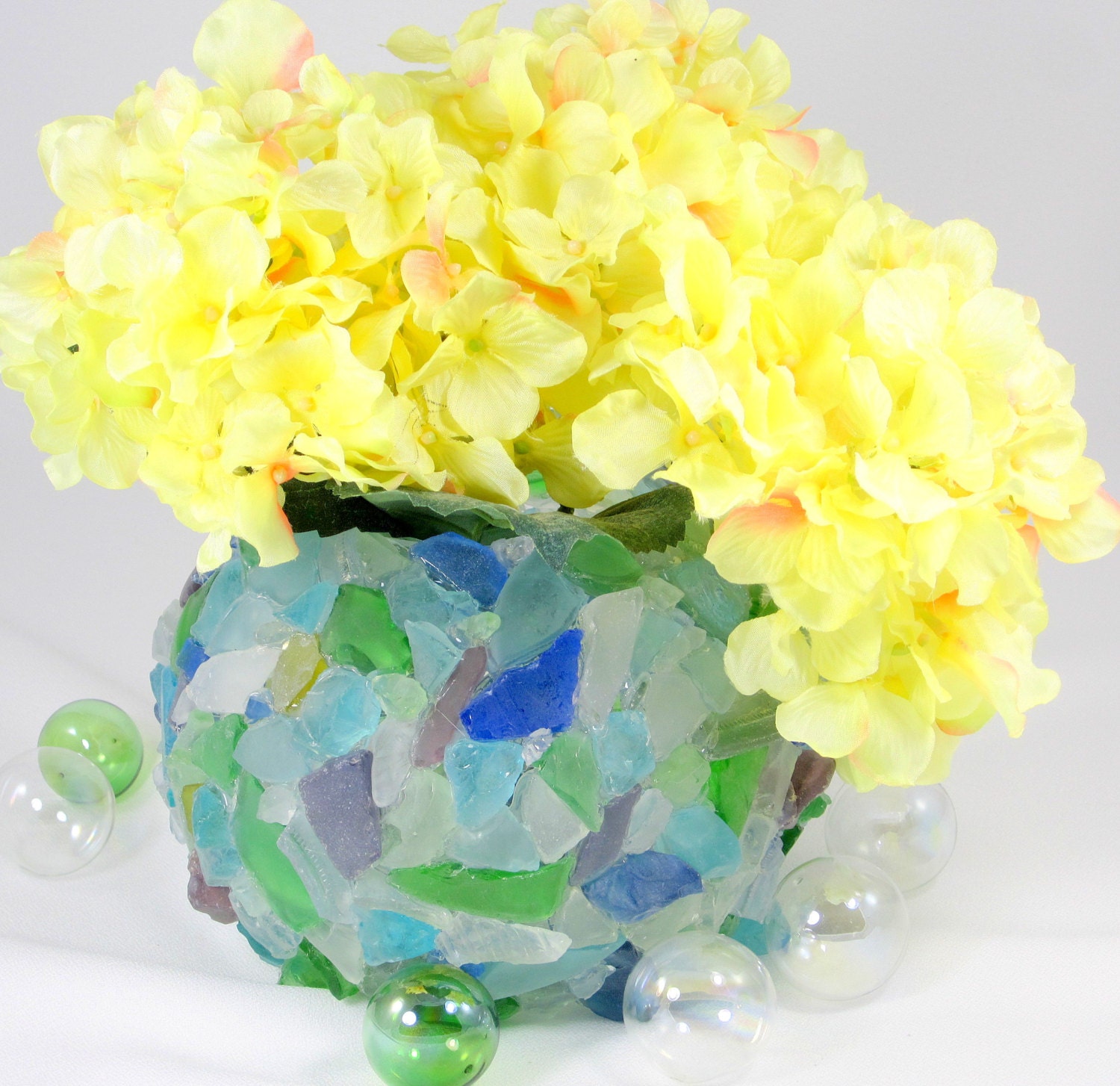 Beach Decor Sea Glass Vase or Candle Holder - Nautical Watercolor Beach Glass Vase, 7in