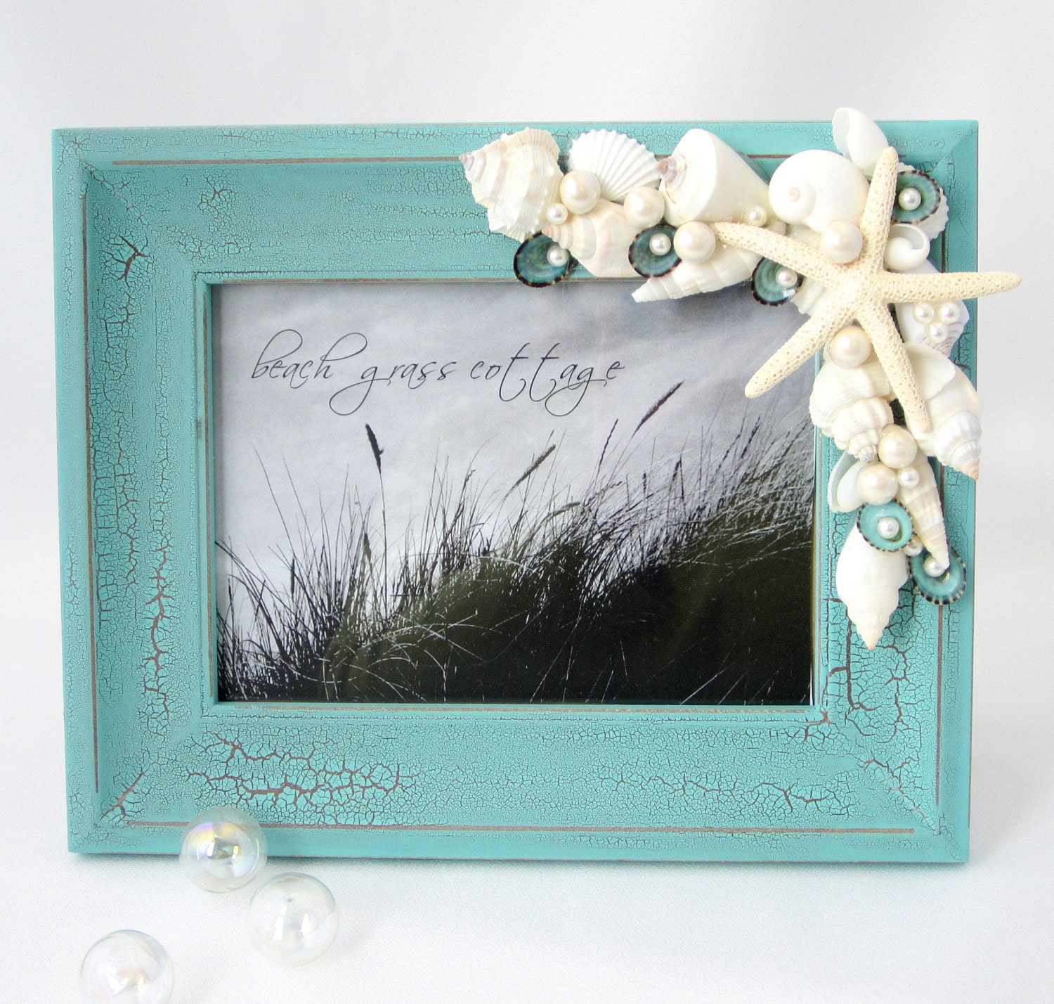 Beach Decor Shell Frame - Nautical Aqua Beach Chic Frame w Seashells & White Starfish - 5x7