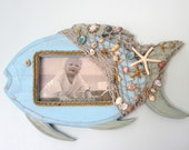 Beach Decor Seashell Fish Frame - Nautical Fish Picture Frame w Shells, Starfish - Blue
