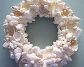 Beach Decor Seashell Wreath - Shell Wreath w Starfish - Elegant All White, 12inch