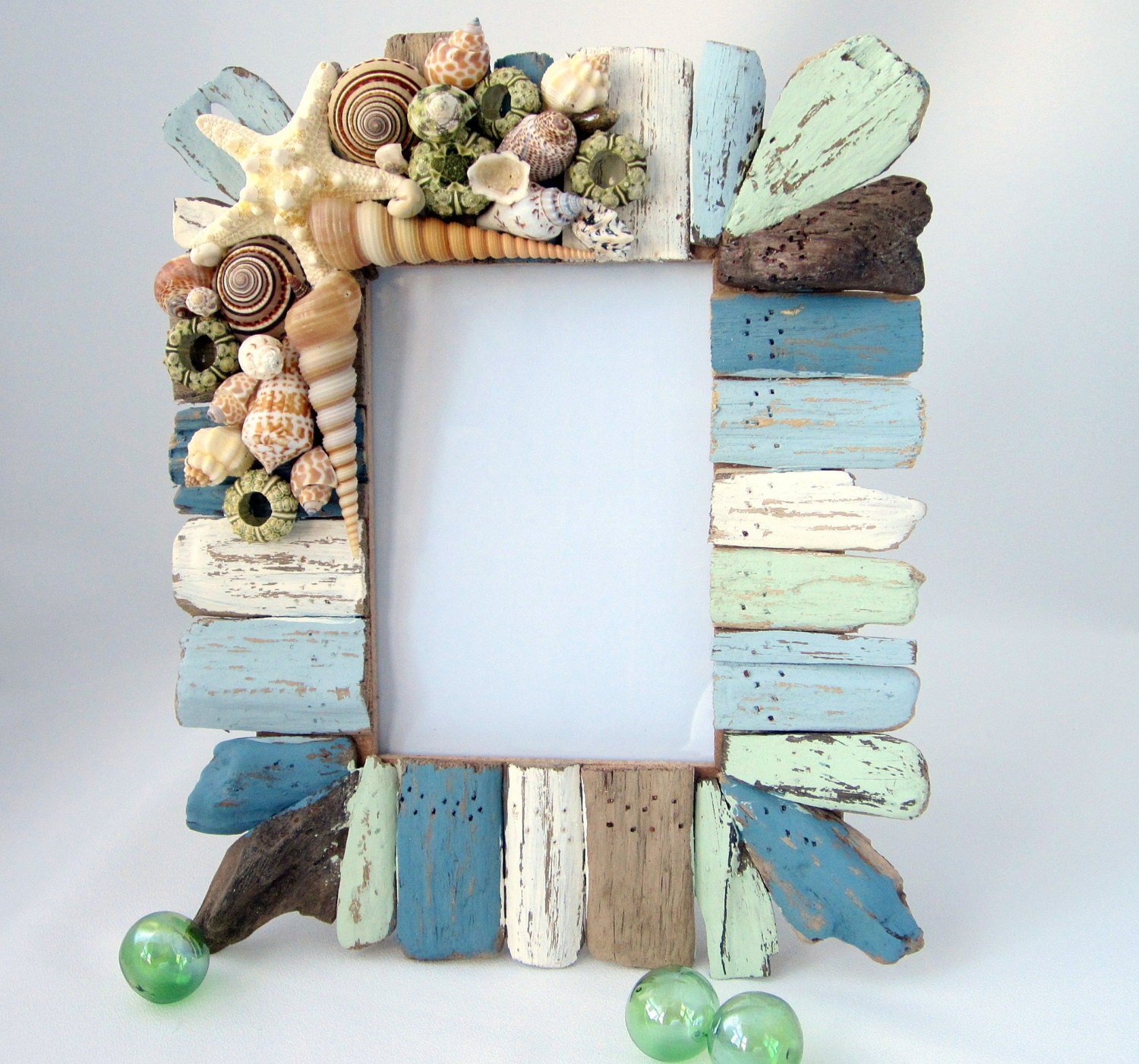 Beach Decor Driftwood & Seashell Frame - Nautical Decor Shell Frame, Green / Blue