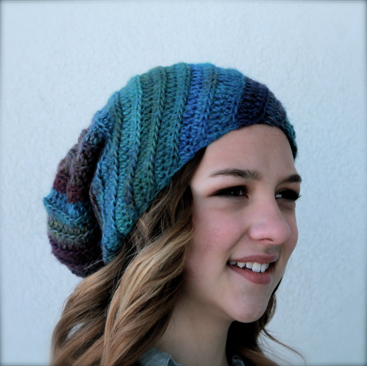 slouchy spiral ribbed hat shades of blue and purple