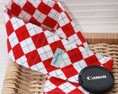DSLR Camera Strap Cover, Padding and Lens Cap Pocket, Canon and Nikon Compatible-Argyle in Red