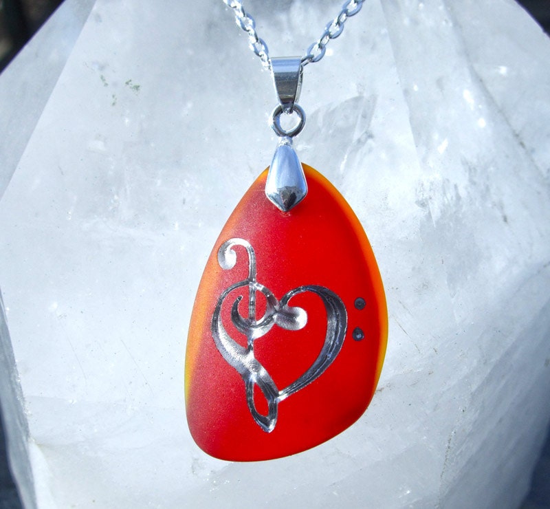 Music lover's Heart - Lollipop Red and Fiery Orange Sea Glass Pendant