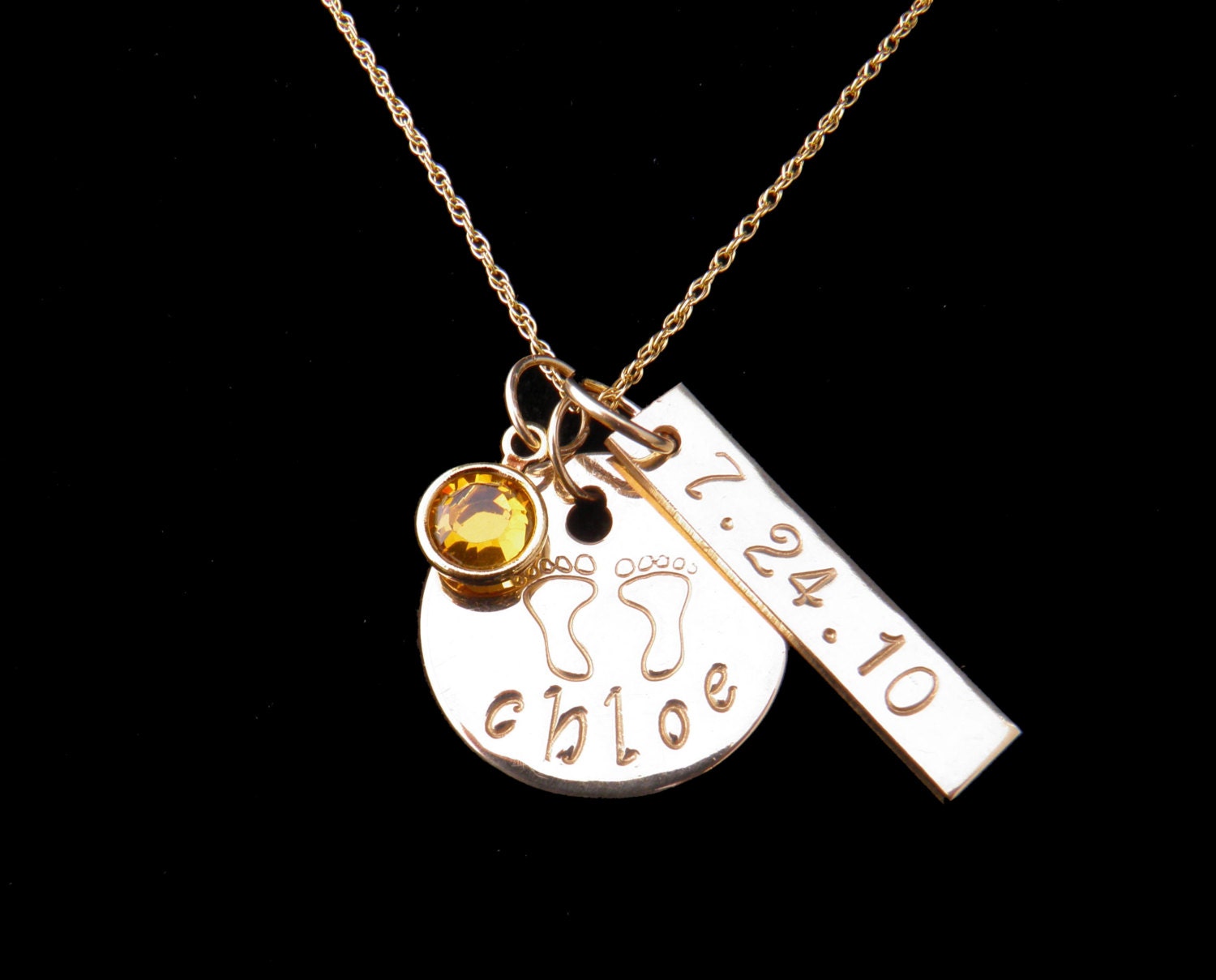 Personalized Name, Date, Baby Footprints Gold Necklace - Custom Hand Stamped
