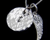 Personalized Initial & Angel Wing Sterling Silver Necklace - Custom Hand Stamped