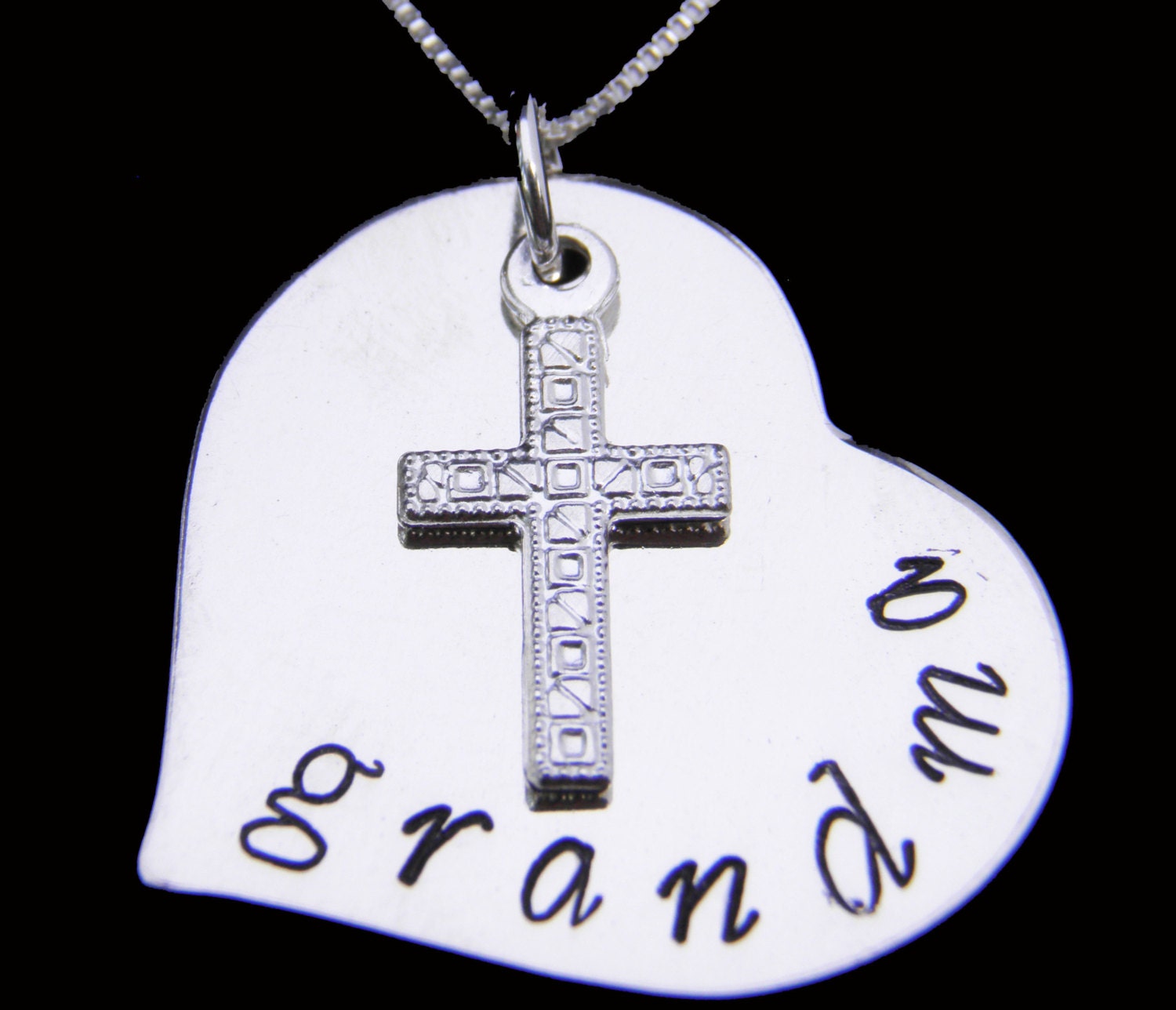 Grandma Sterling Silver Heart & Cross Necklace -Custom Hand Stamped