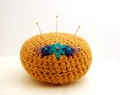 Embroidered Flower Pincushion, Mustard Yellow Wool, Crocheted