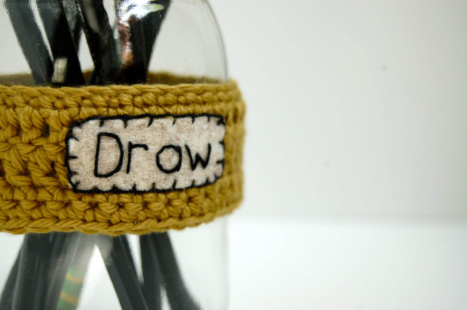 Craft Supply Organizer, Holder, Mason Jar Label, Crocheted in Pea Green