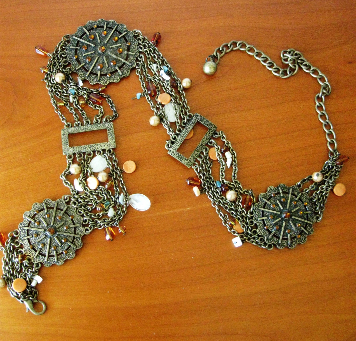 Vintage Chain Metal Belt Gold Bronze Medallions Rhinestones Stone Bangles Chunky