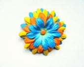 Large flower hair clip - Lazy Daisy in aqua/orange/yellow