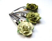 Cabbage Rose flower hair clip trio - sage on silver