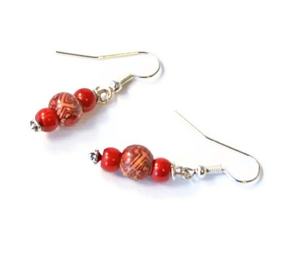 Coral and Wooden Beaded Earrings, Coral Jewelry, Beaded Jewelry, Handmade Earrings