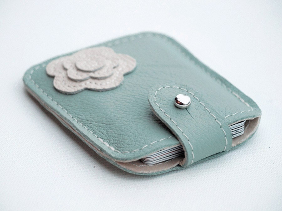 Card Case, Aqua Mint Wallet, Business Card Case,  Tiny Leather Wallet, Gift For Her,  Mint and Cream / Hello summer