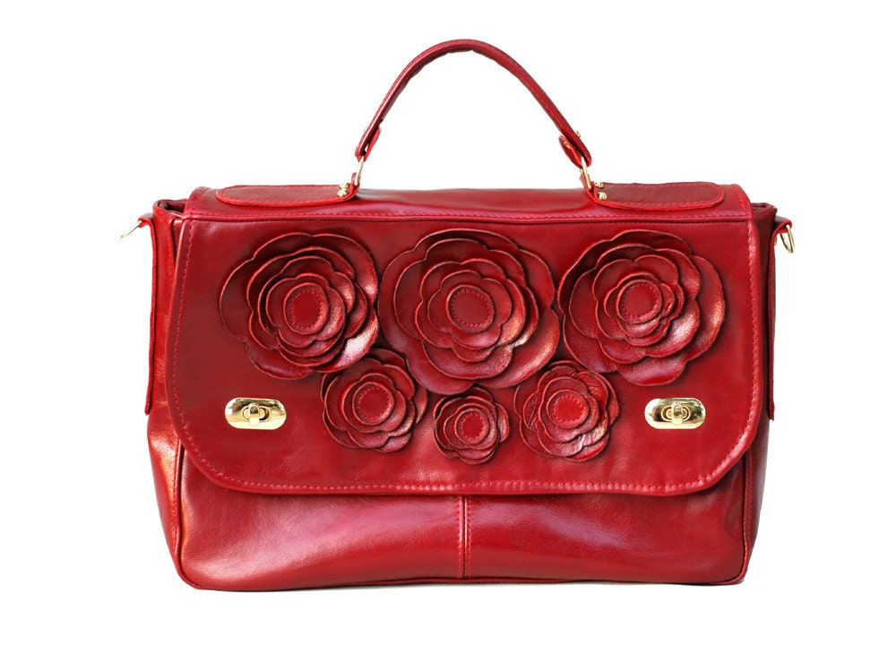Red Leather Bag, Laptop bag, briefcase, Cross Body Bag, Leather Floral Bag // red Poppy bag / Summer Office bag / June Inspired