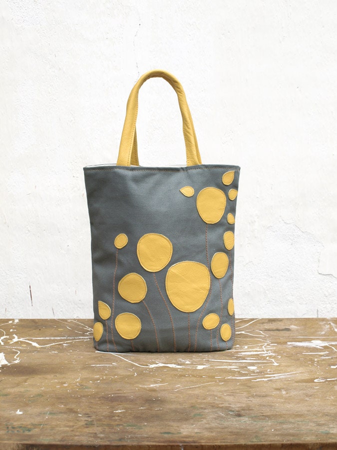Summer Canvas bag, MINI Tote, Purse, Market Tote, Beach bag, Everyday tote for women - yellow grey